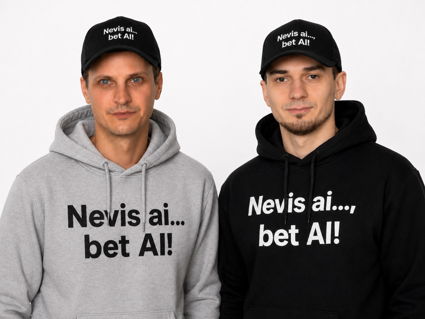 Arturs Rasnacis un Kristiāns Līcis ar Nevis ai…, bet AI! cepurēm un jakām